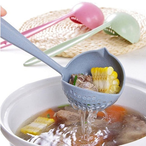 2 in 1 Soup Spoon Strainer w/Long Handle and Colander Scoop, w/ Wheat Straw Design, goes from Kitchen to Table.